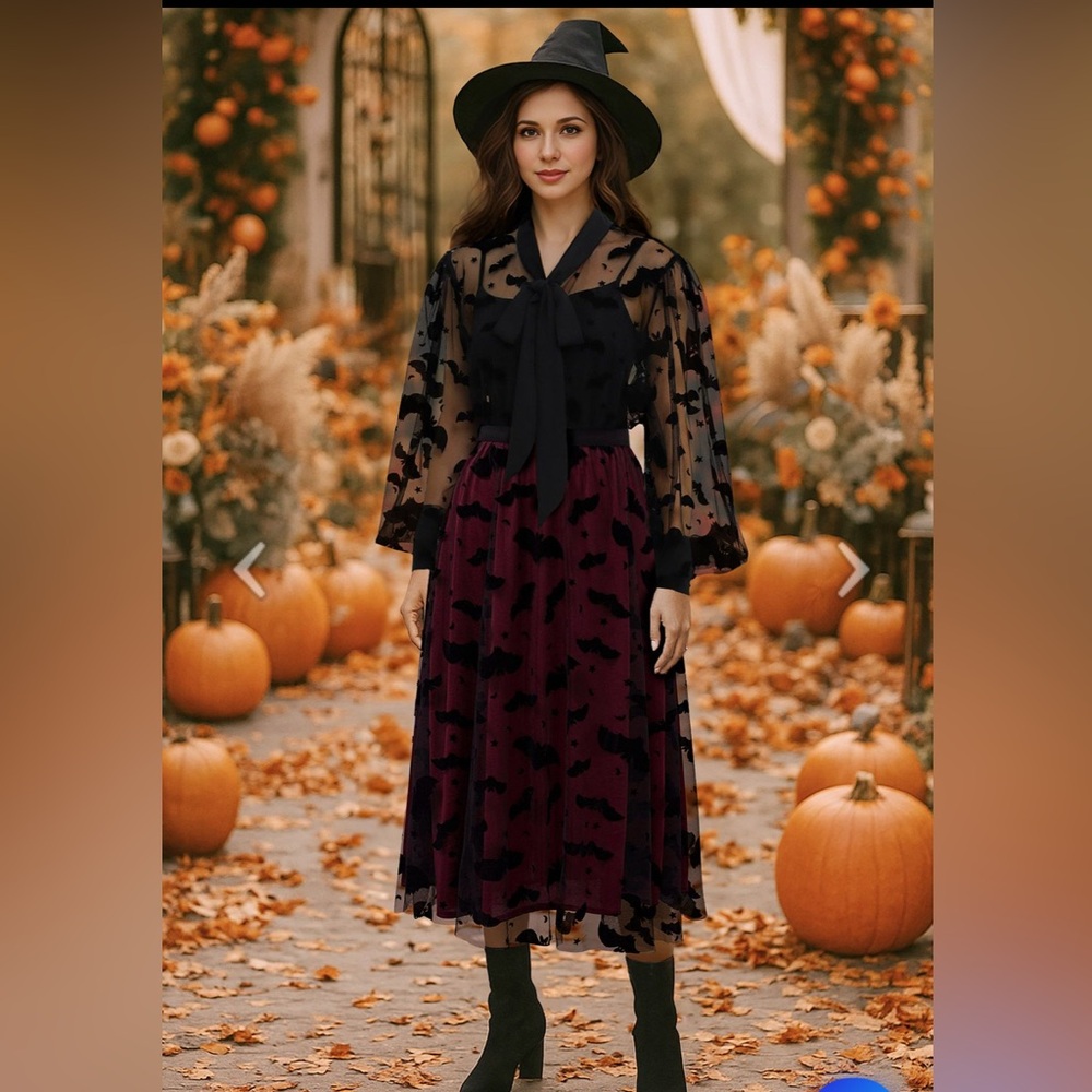 VELVET BATS MESH TULLE MIDI SKIRT IN BURGUNDY - Picture 3 of 9